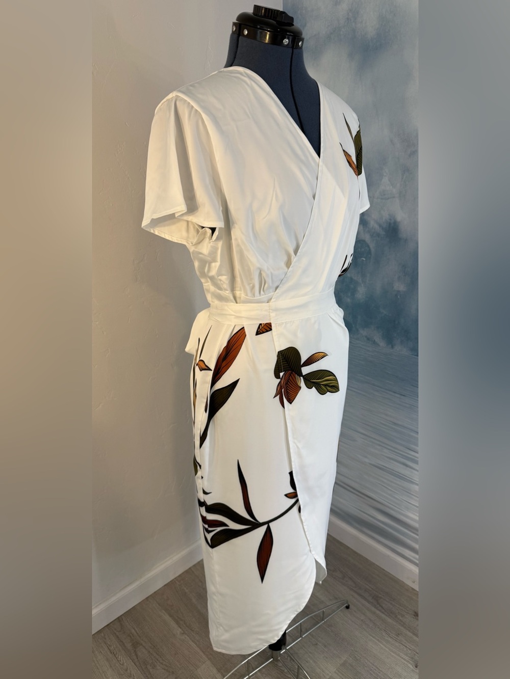 White Floral Wrap Midi Dress with Leaf Print #251 - Picture 2 of 14